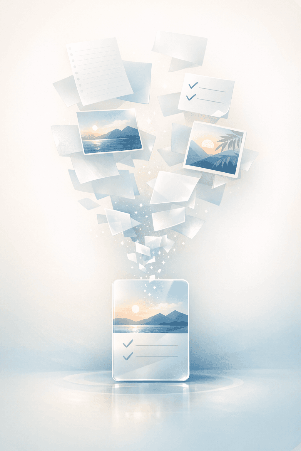 散らばった経験が一つのキャリア資産へ整っていくことを表現した抽象ビジュアル